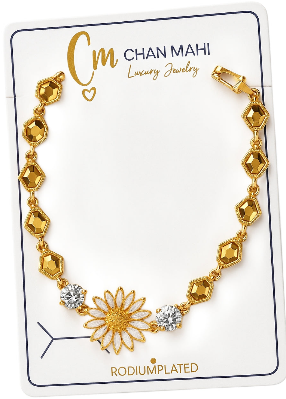 Gold Hexagon Chain Bracelet with Crystal Flower & Stones – Luxury Rhodium Plated Jewelry