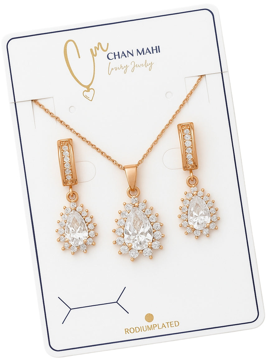 Luxury Teardrop Zircon Necklace & Earrings Set – Rose Gold Rodium Plated