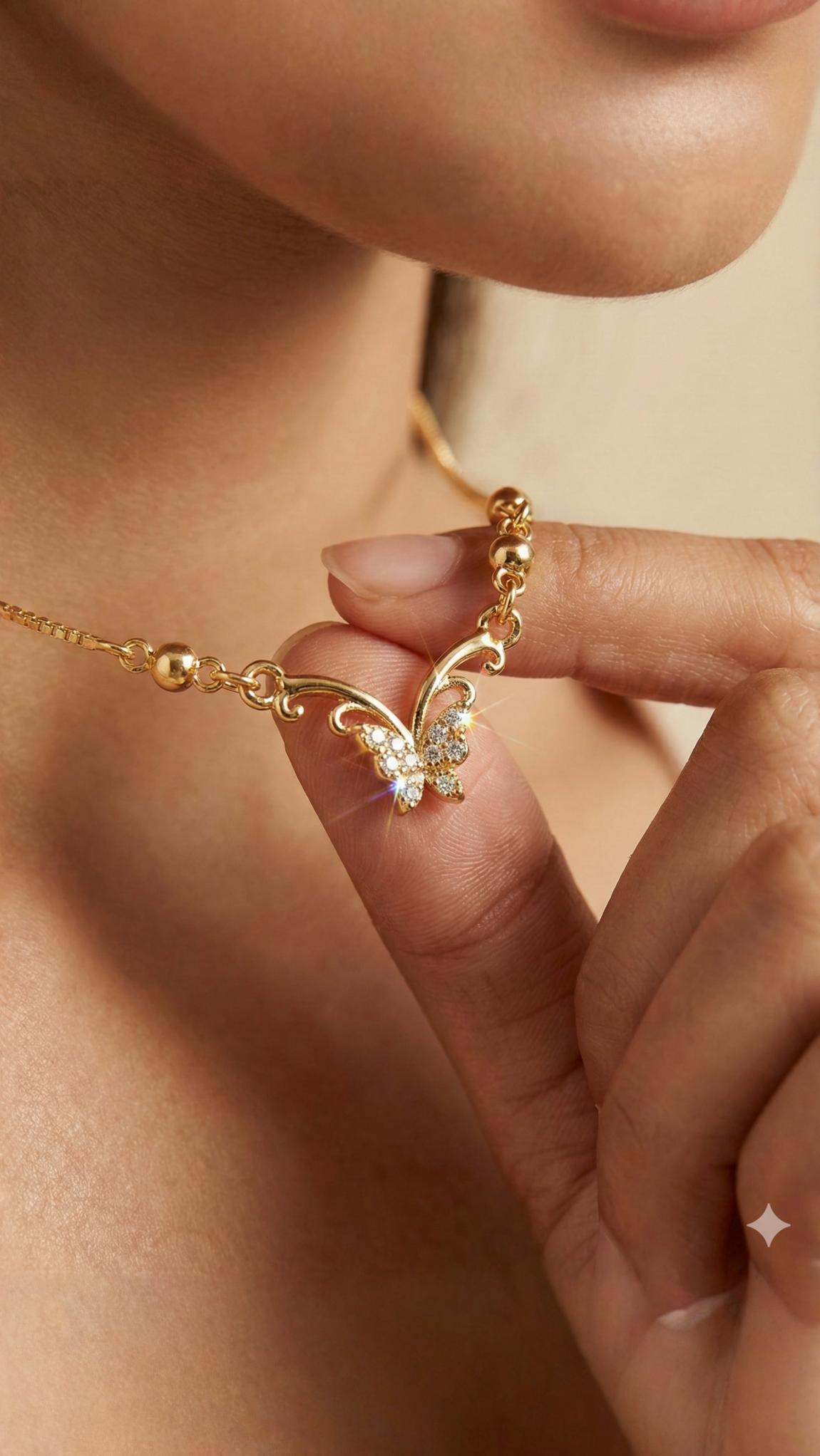 Gold Plated Butterfly Pendant Necklace – Elegant Crystal Stone Jewelry