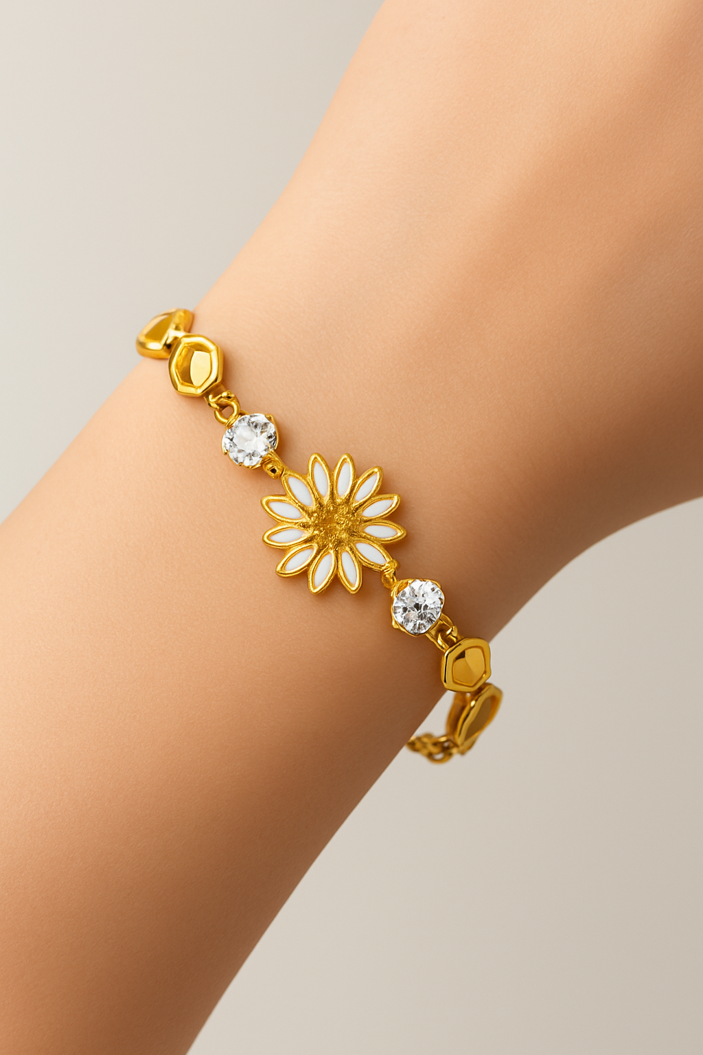 Gold Hexagon Chain Bracelet with Crystal Flower & Stones – Luxury Rhodium Plated Jewelry