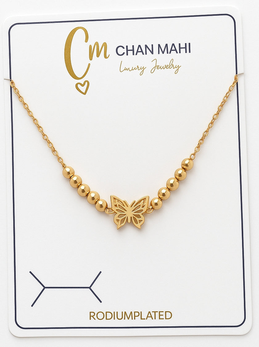 Elegant Gold Butterfly Pendant Necklace with Beaded Design – Rodium Plated