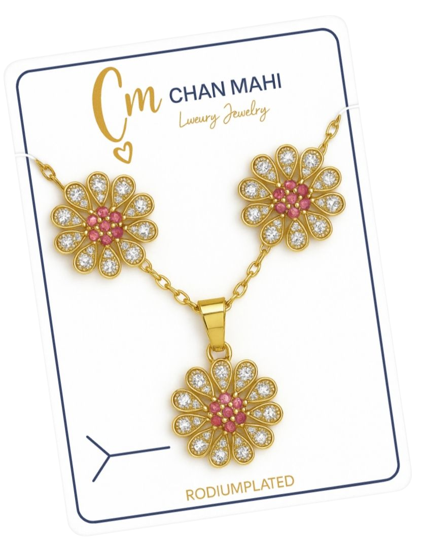 Luxury Rhodium Plated Flower Jewelry Set with Stud Earrings